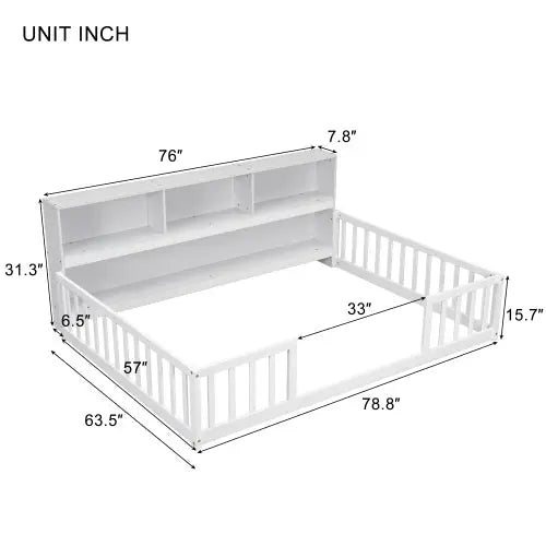 Bellemave® Floor Bed with Bedside Bookcase,Shelves,Guardrails - Bellemave