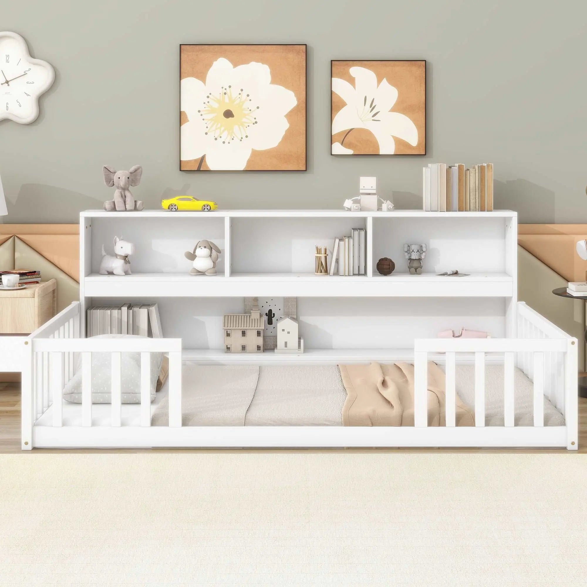 Bellemave® Floor Bed with Bedside Bookcase,Shelves,Guardrails - Bellemave