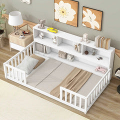 Bellemave® Floor Bed with Bedside Bookcase,Shelves,Guardrails - Bellemave