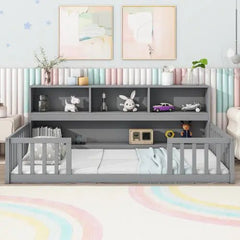 Bellemave® Floor Bed with Bedside Bookcase,Shelves,Guardrails - Bellemave