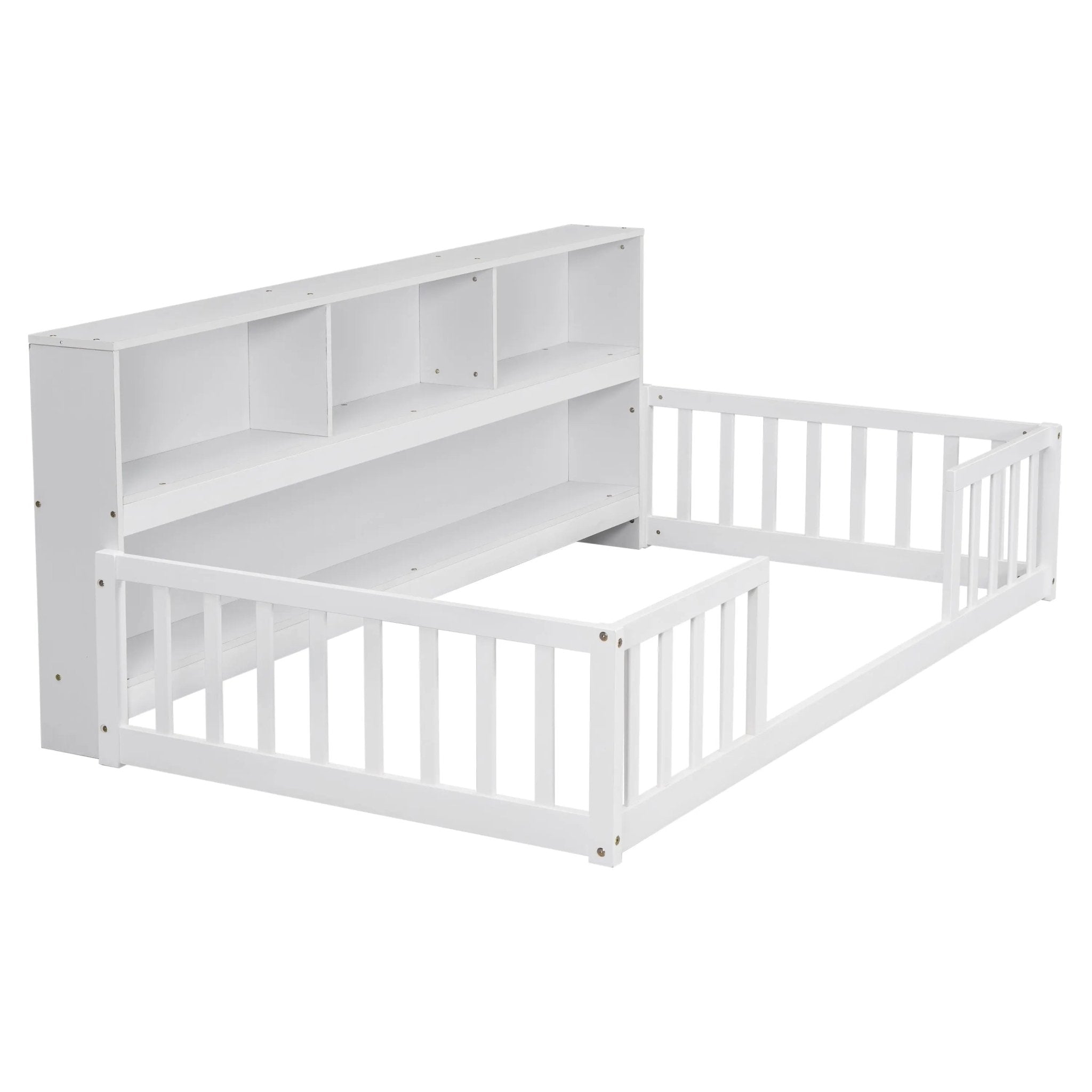Bellemave® Floor Bed with Bedside Bookcase,Shelves,Guardrails - Bellemave