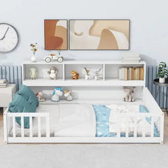 Bellemave® Floor Bed with Bedside Bookcase,Shelves,Guardrails - Bellemave
