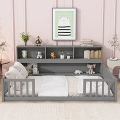 Bellemave® Floor Bed with Bedside Bookcase,Shelves,Guardrails - Bellemave