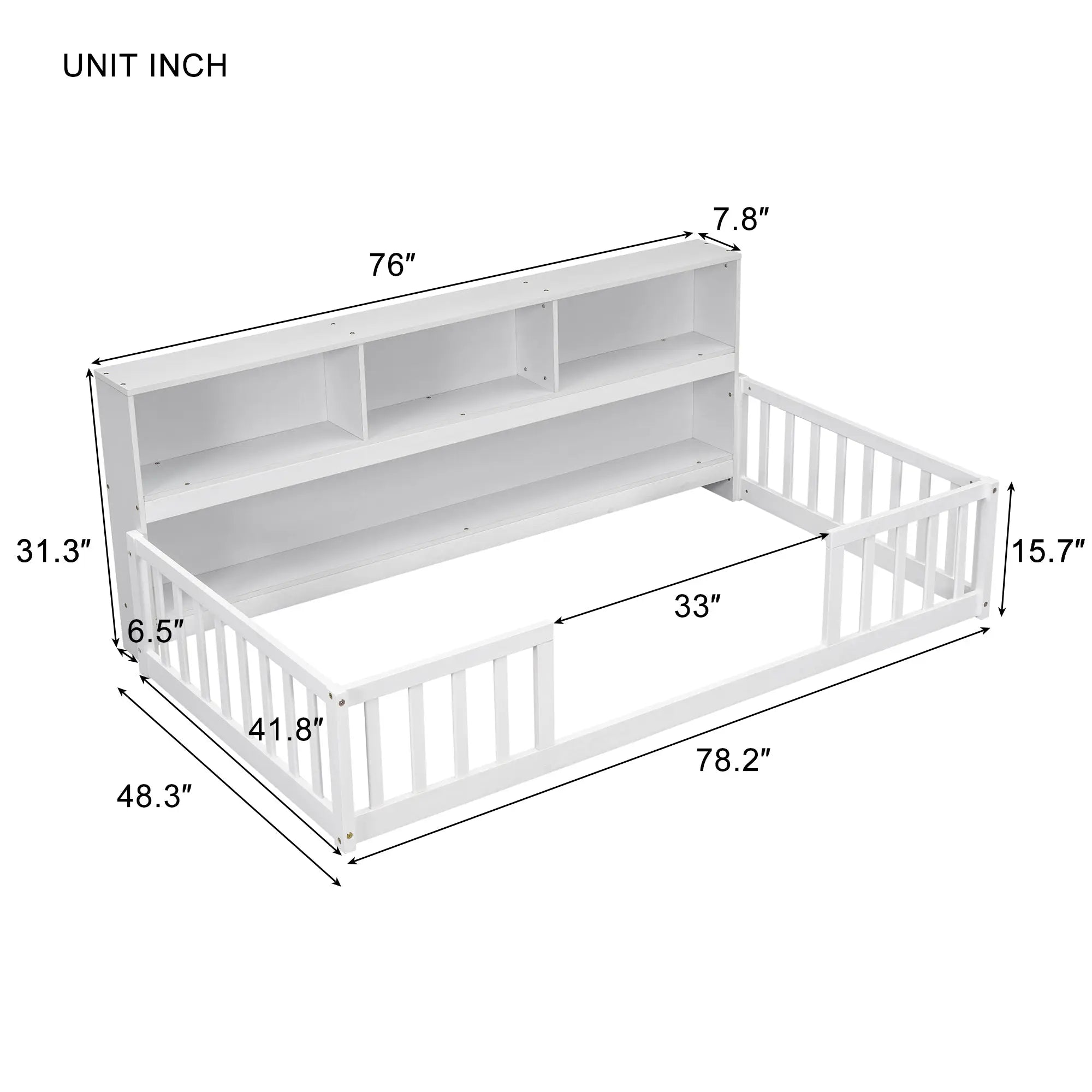 Bellemave® Floor Bed with Bedside Bookcase,Shelves,Guardrails - Bellemave