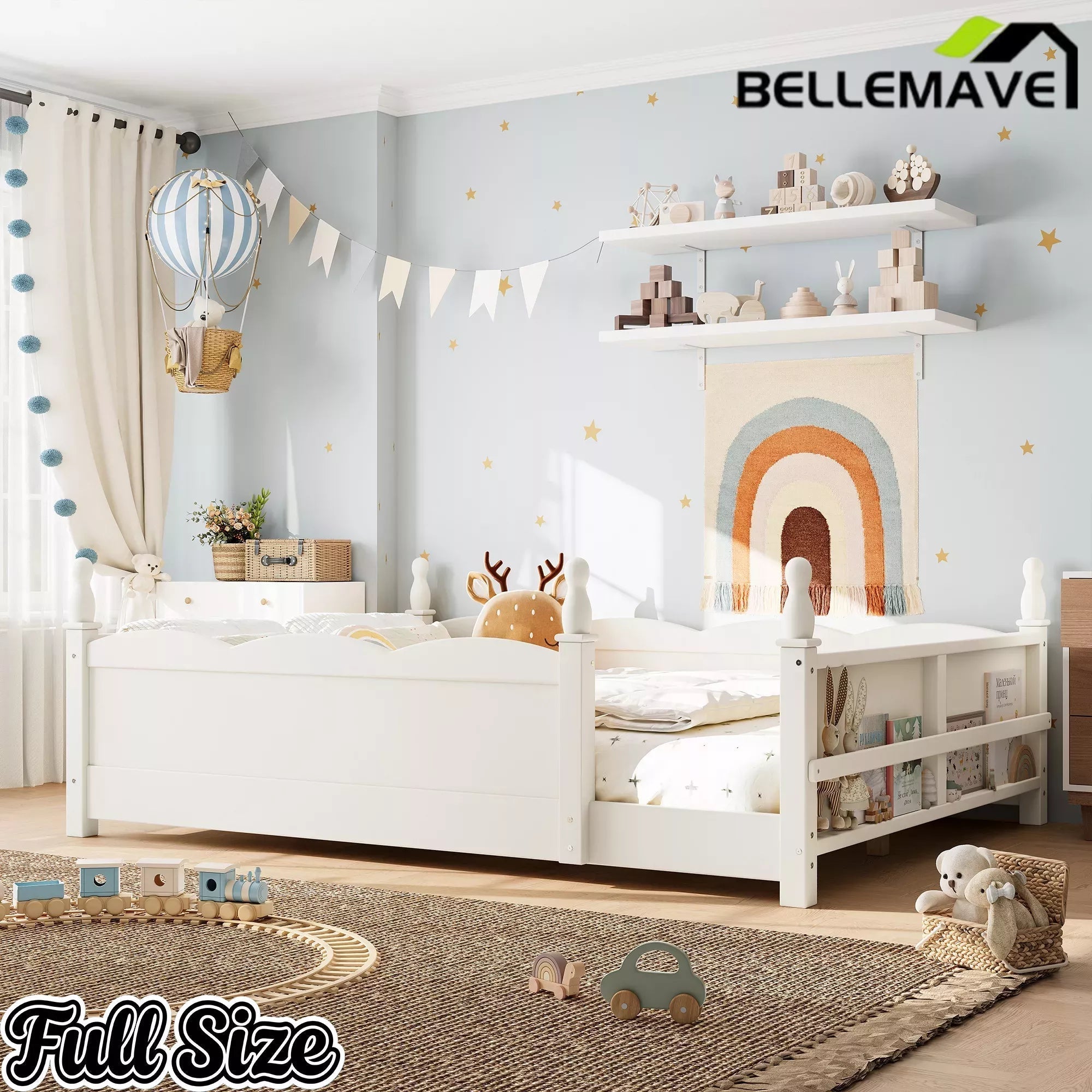 Bellemave® Floor Bed with Bookshelf & Safety Guardrails for Kids, Wooden Montessori Bed Frame with Childlike Design for Girls Boys - Bellemave