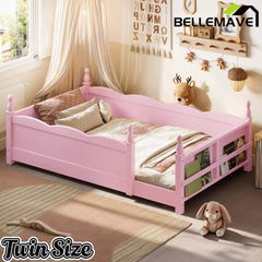 Bellemave® Floor Bed with Bookshelf & Safety Guardrails for Kids, Wooden Montessori Bed Frame with Childlike Design for Girls Boys - Bellemave