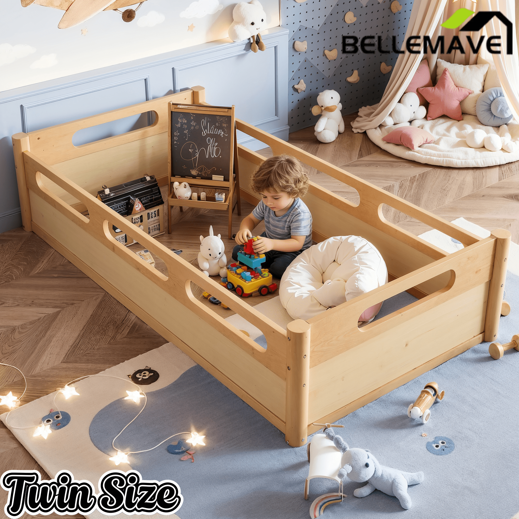Bellemave® Floor Bed with Full - Length Guardrails, Wood Low Profile Montessori Bed for Bedroom & Nursery, No Box Spring Needed - Bellemave