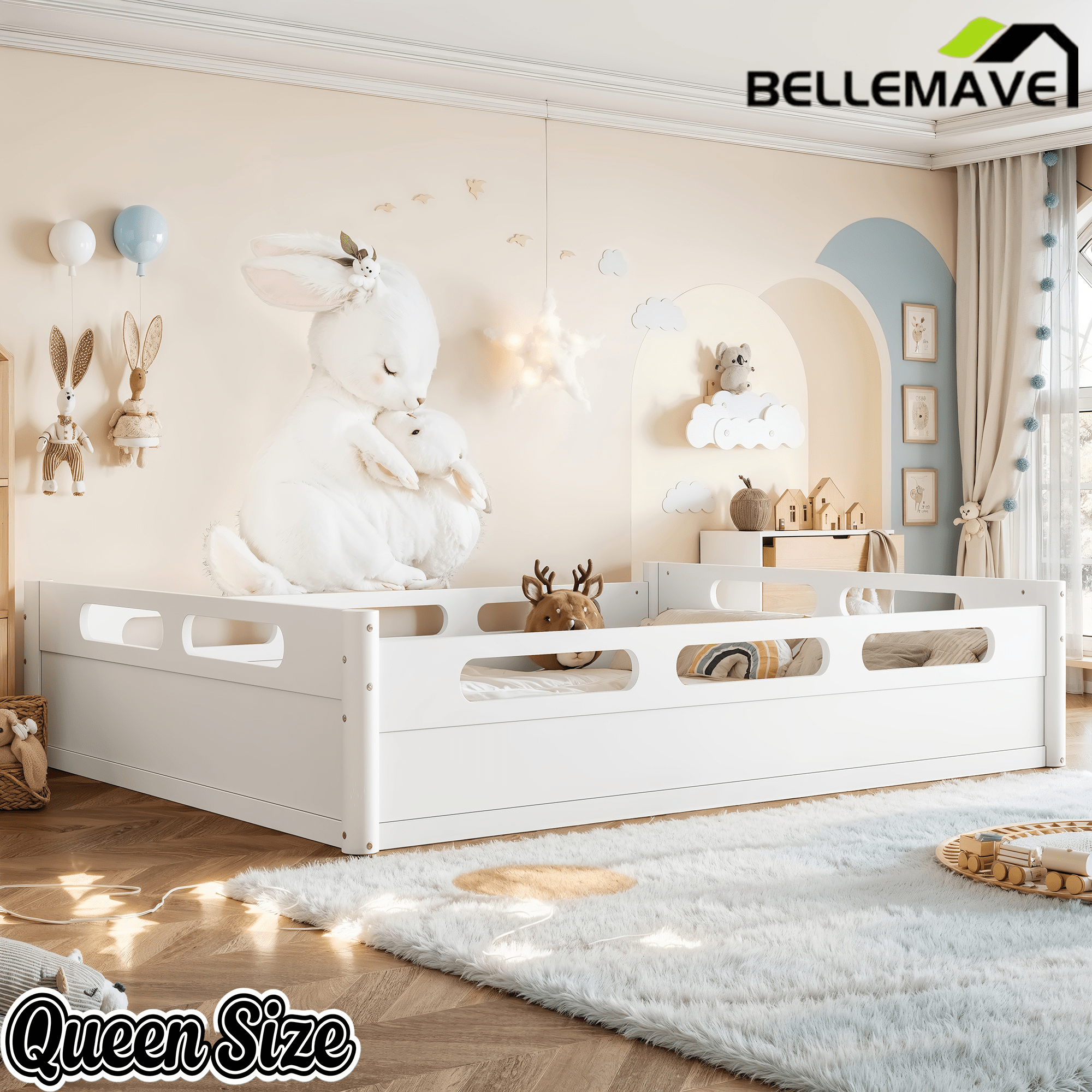 Bellemave® Floor Bed with Full - Length Guardrails, Wood Low Profile Montessori Bed for Bedroom & Nursery, No Box Spring Needed - Bellemave