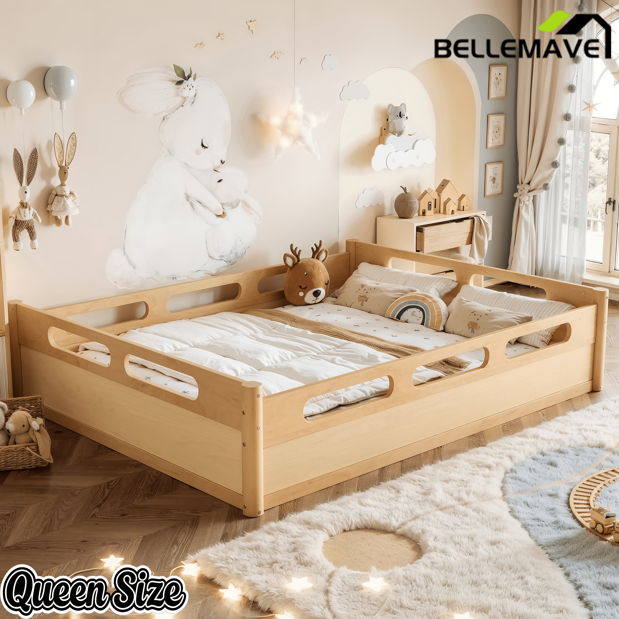 Bellemave® Floor Bed with Full - Length Guardrails, Wood Low Profile Montessori Bed for Bedroom & Nursery, No Box Spring Needed - Bellemave