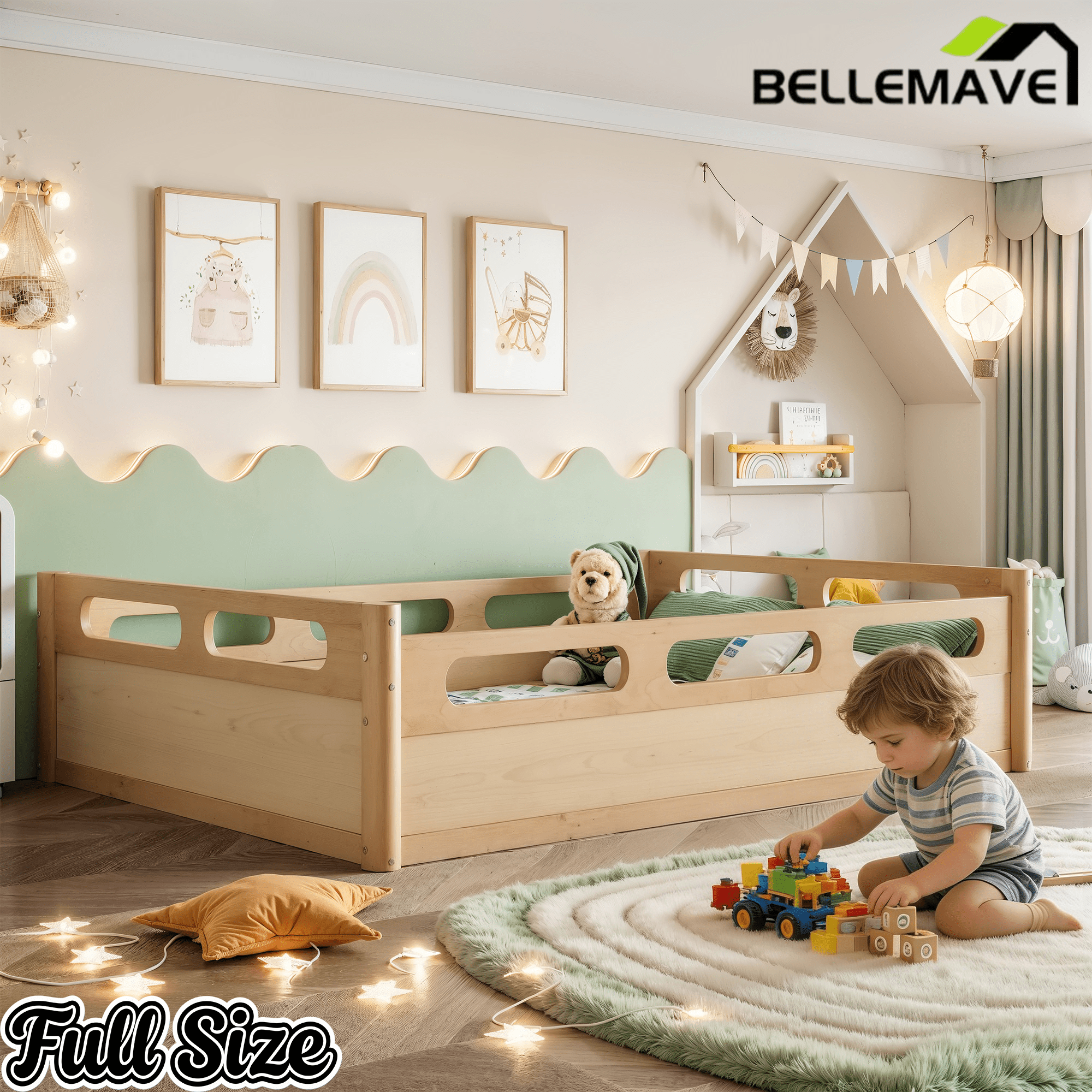 Bellemave® Floor Bed with Full - Length Guardrails, Wood Low Profile Montessori Bed for Bedroom & Nursery, No Box Spring Needed - Bellemave