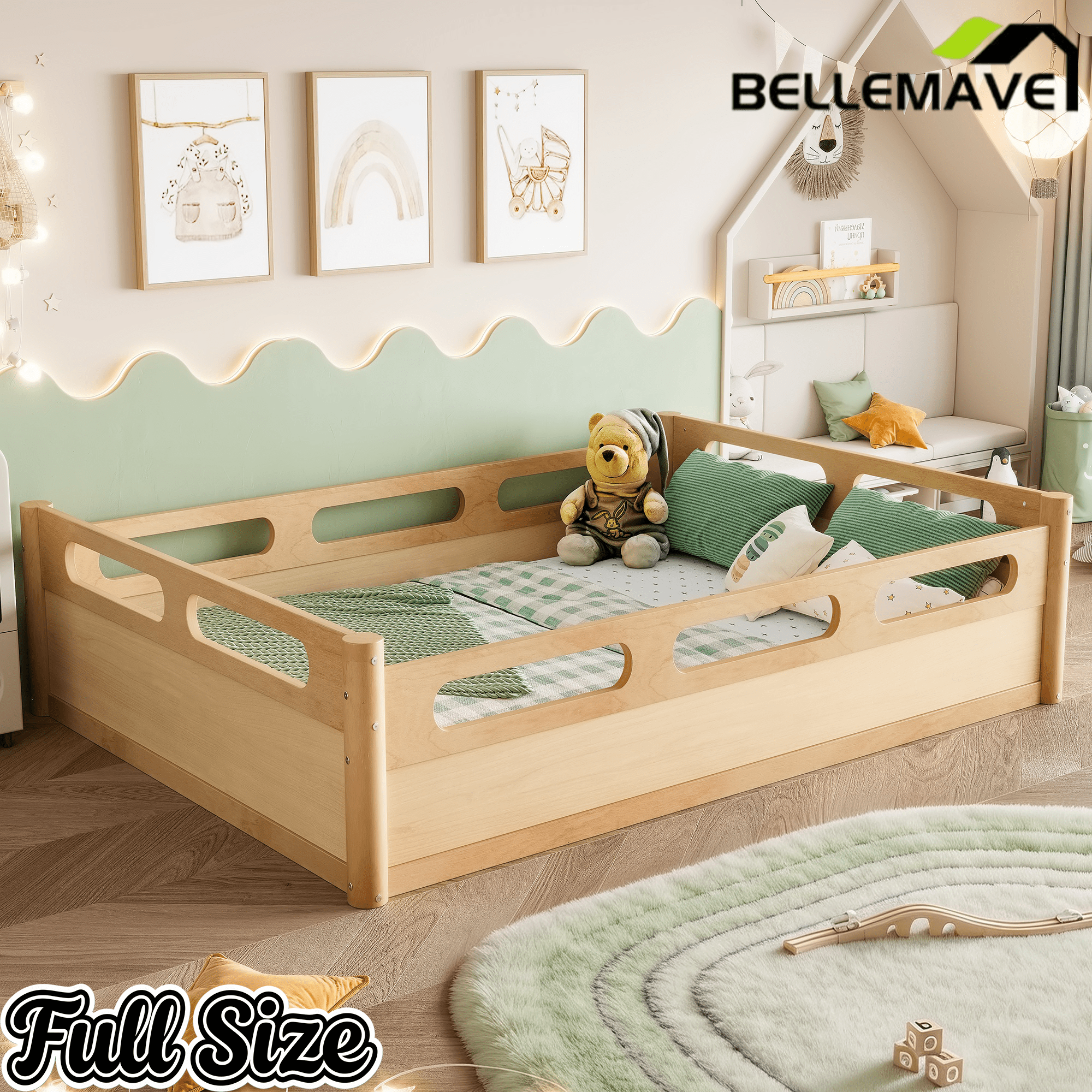 Bellemave® Floor Bed with Full - Length Guardrails, Wood Low Profile Montessori Bed for Bedroom & Nursery, No Box Spring Needed - Bellemave