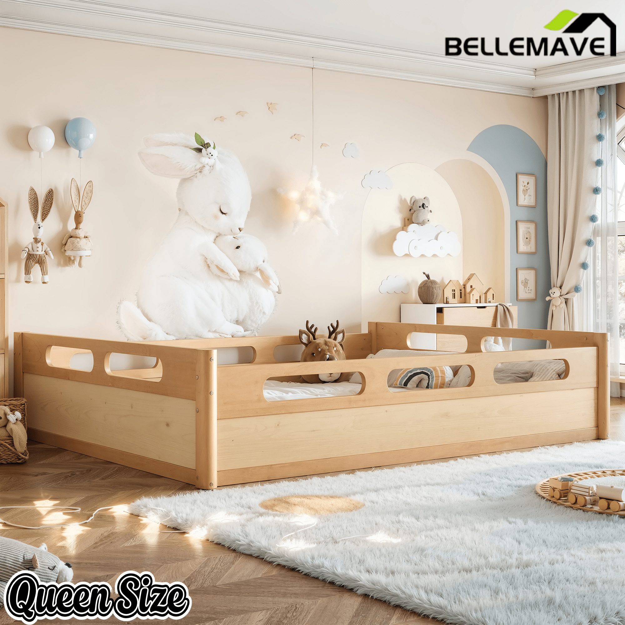 Bellemave® Floor Bed with Full - Length Guardrails, Wood Low Profile Montessori Bed for Bedroom & Nursery, No Box Spring Needed - Bellemave