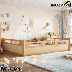 Bellemave® Floor Bed with Full - Length Guardrails, Wood Low Profile Montessori Bed for Bedroom & Nursery, No Box Spring Needed - Bellemave
