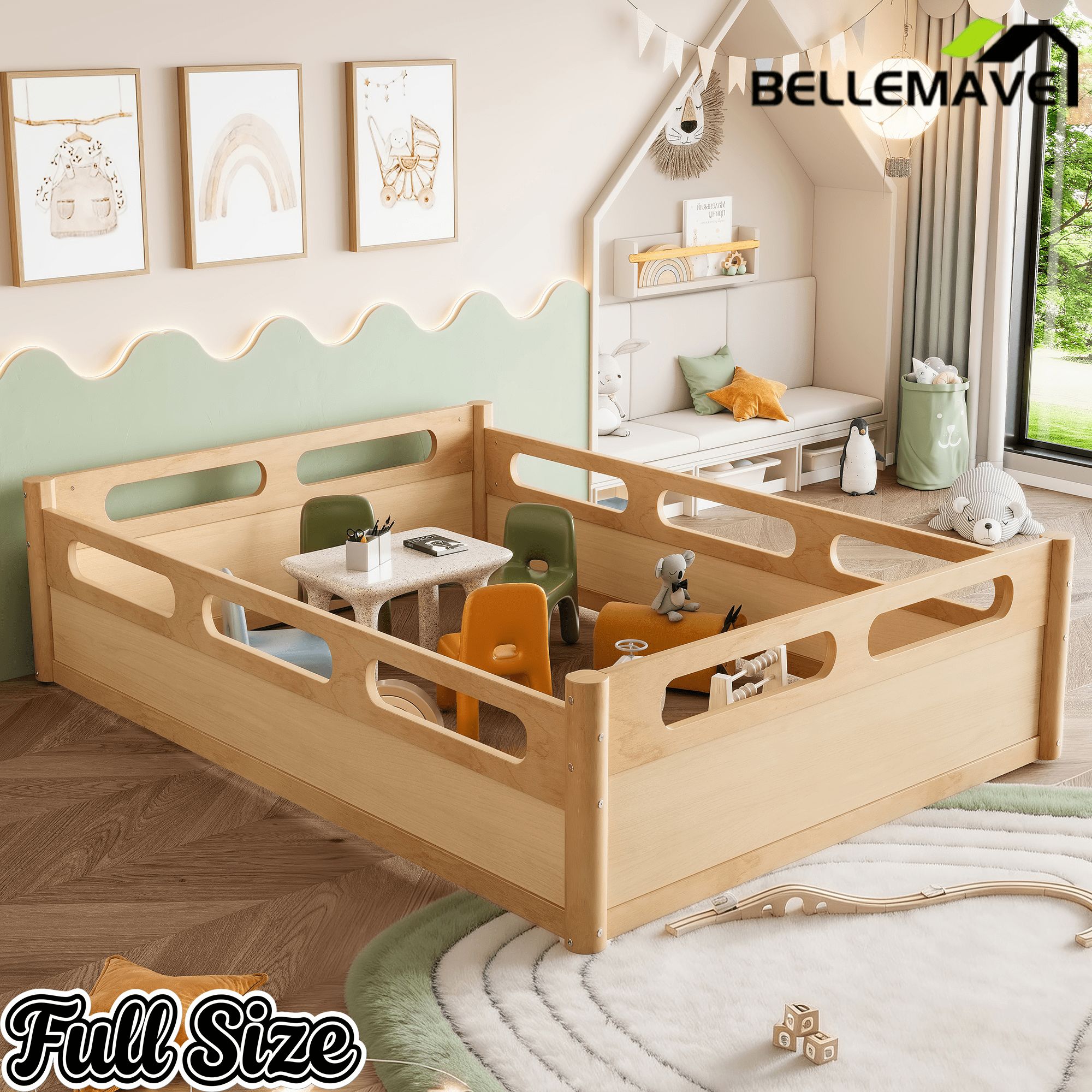 Bellemave® Floor Bed with Full - Length Guardrails, Wood Low Profile Montessori Bed for Bedroom & Nursery, No Box Spring Needed - Bellemave