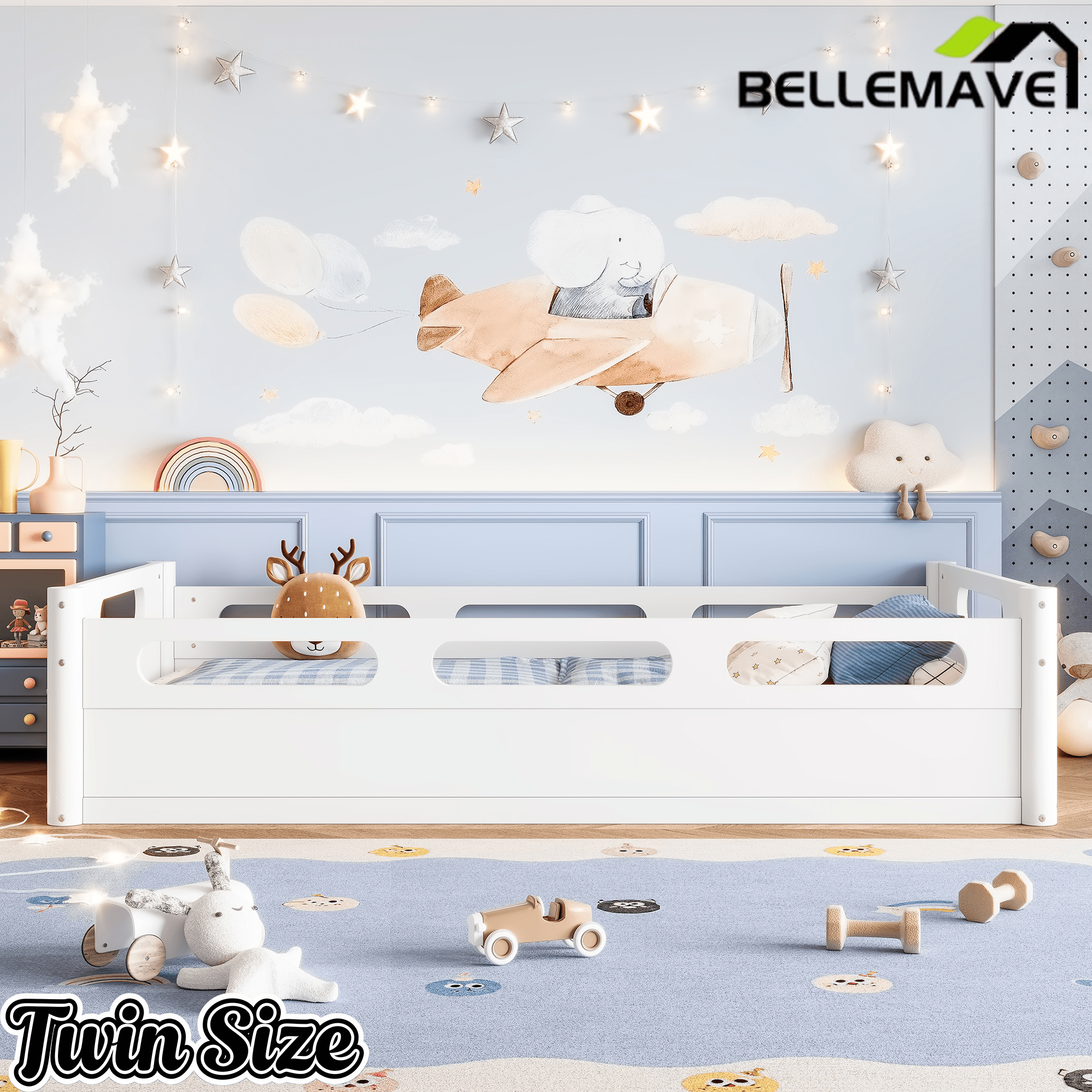 Bellemave® Floor Bed with Full - Length Guardrails, Wood Low Profile Montessori Bed for Bedroom & Nursery, No Box Spring Needed - Bellemave