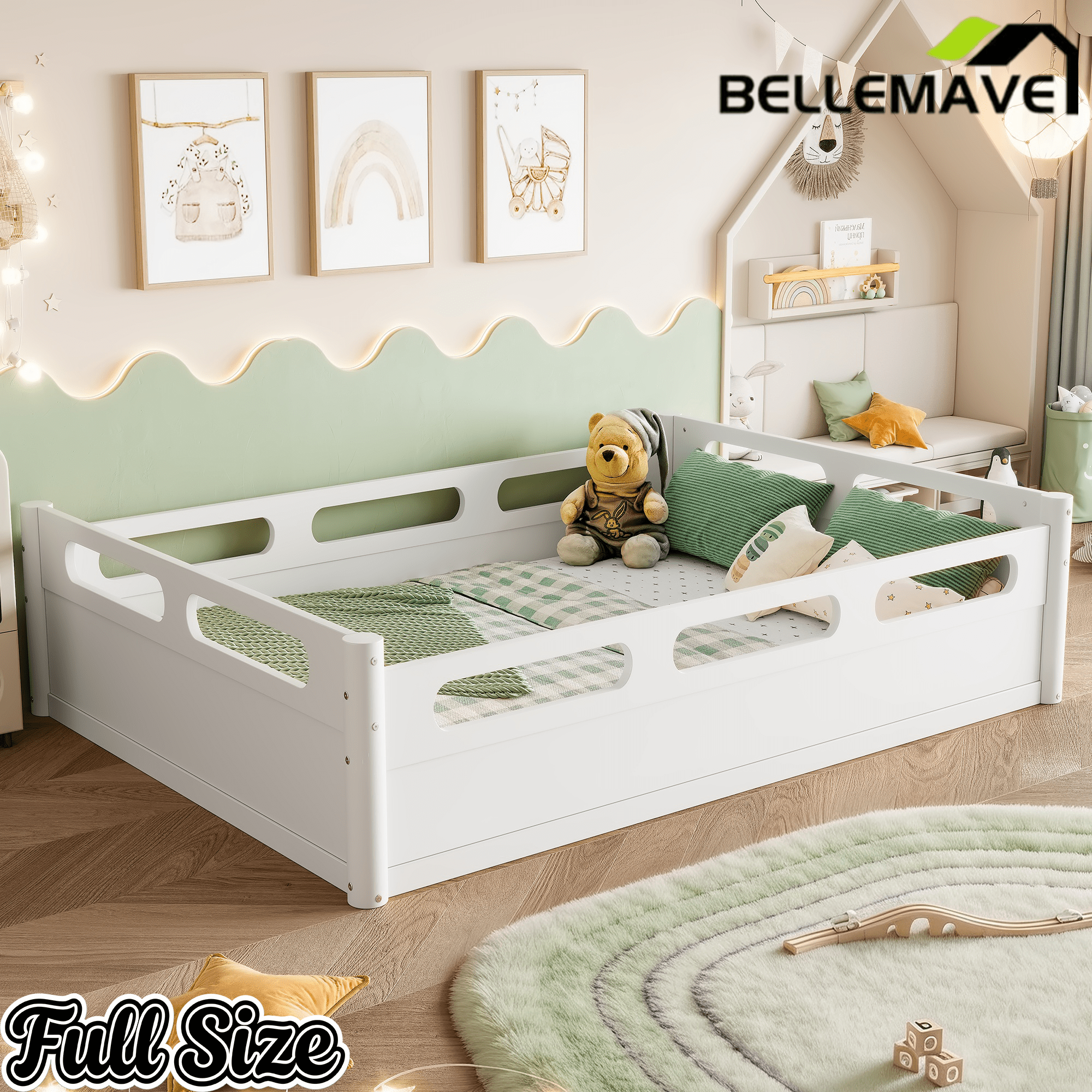 Bellemave® Floor Bed with Full - Length Guardrails, Wood Low Profile Montessori Bed for Bedroom & Nursery, No Box Spring Needed - Bellemave