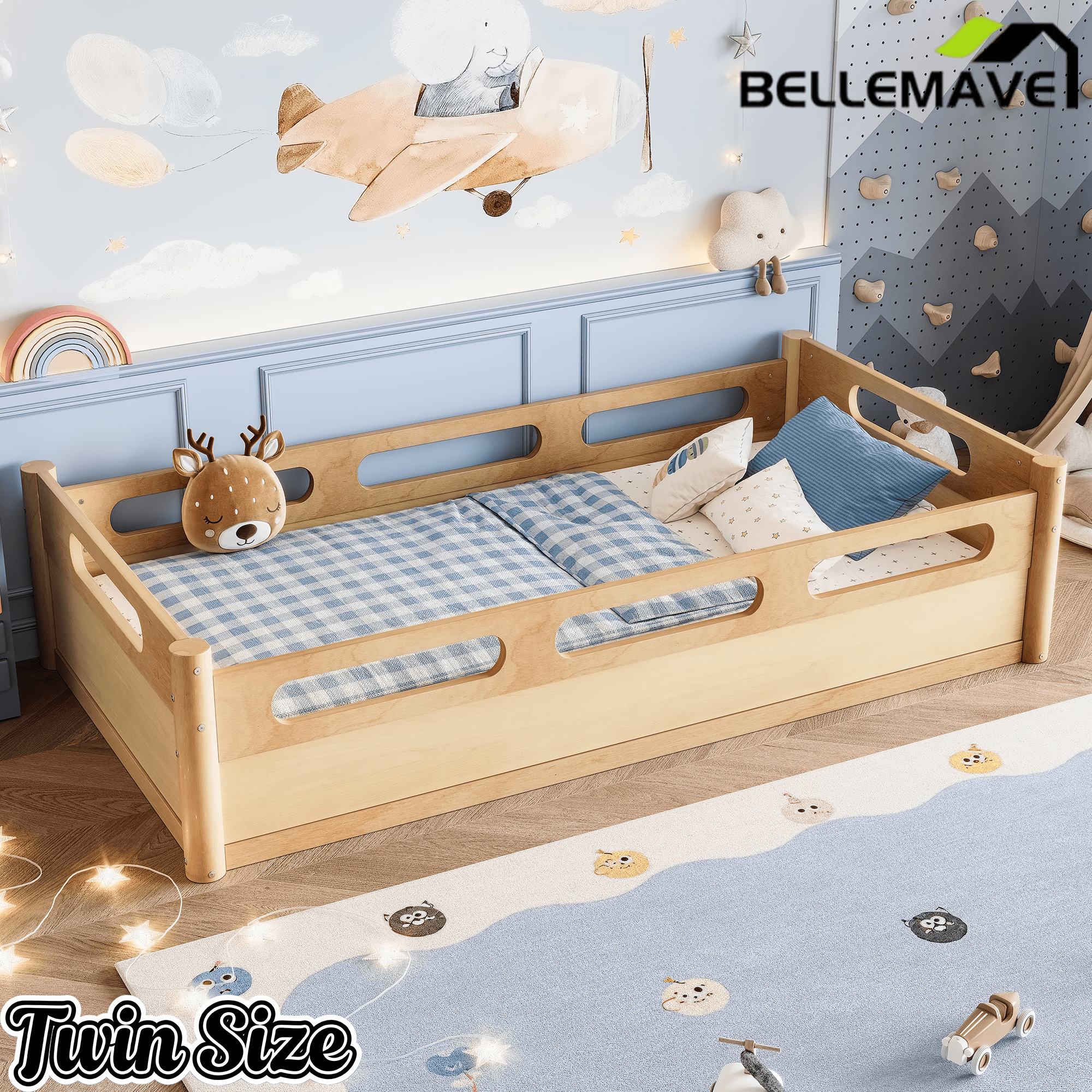 Bellemave® Floor Bed with Full - Length Guardrails, Wood Low Profile Montessori Bed for Bedroom & Nursery, No Box Spring Needed - Bellemave