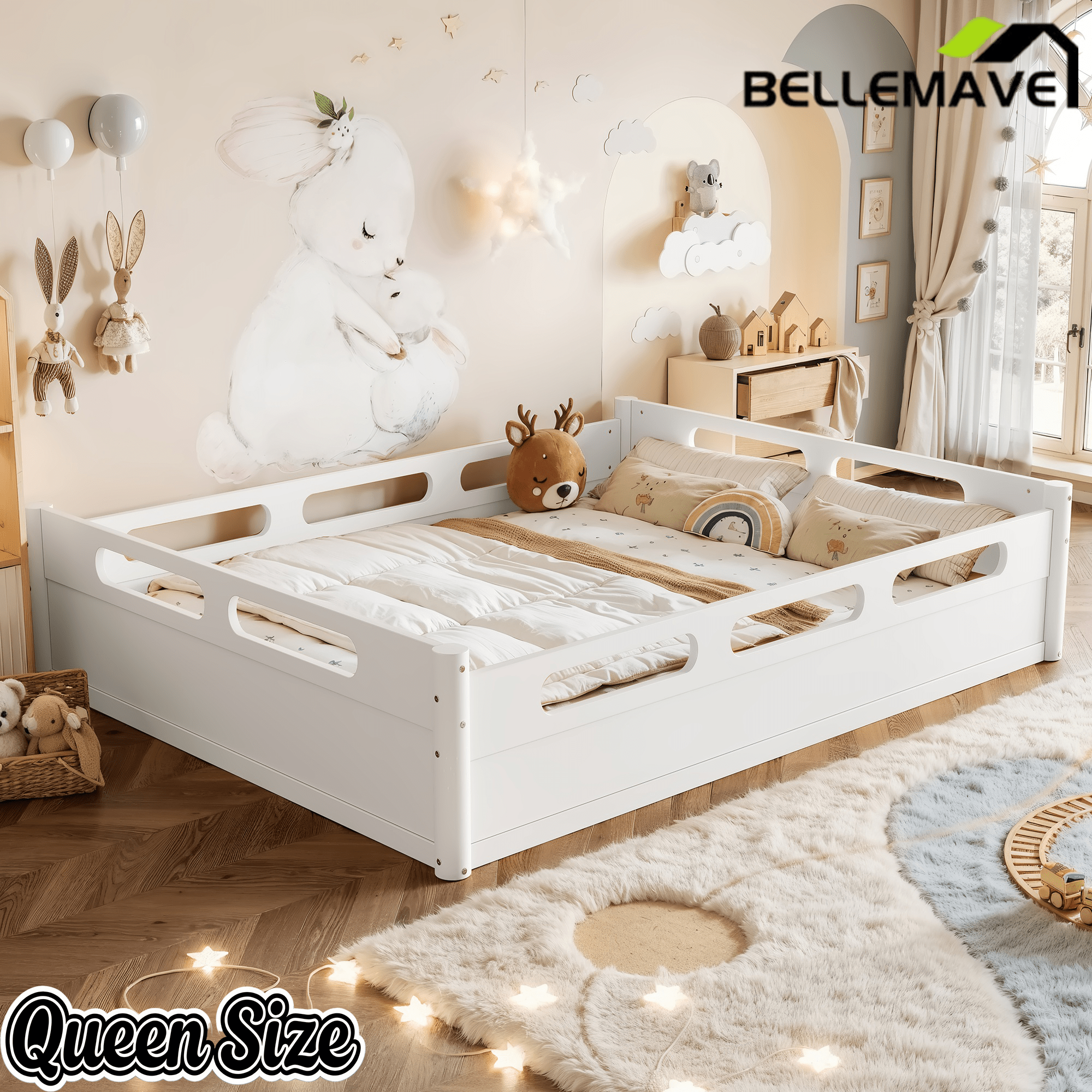 Bellemave® Floor Bed with Full - Length Guardrails, Wood Low Profile Montessori Bed for Bedroom & Nursery, No Box Spring Needed - Bellemave
