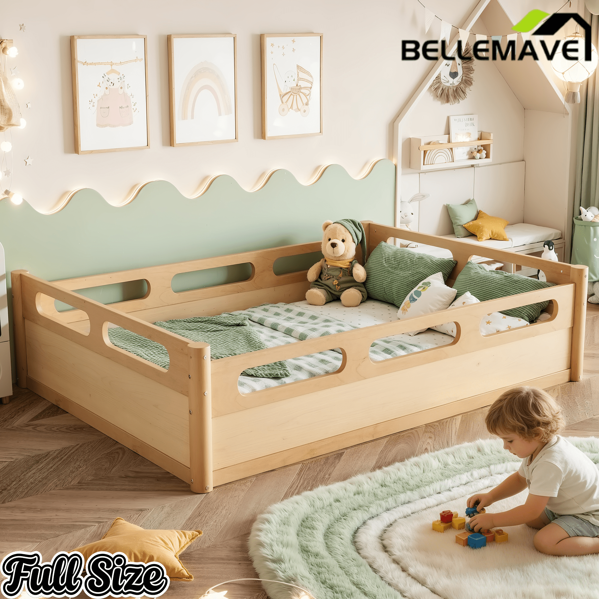 Bellemave® Floor Bed with Full - Length Guardrails, Wood Low Profile Montessori Bed for Bedroom & Nursery, No Box Spring Needed - Bellemave