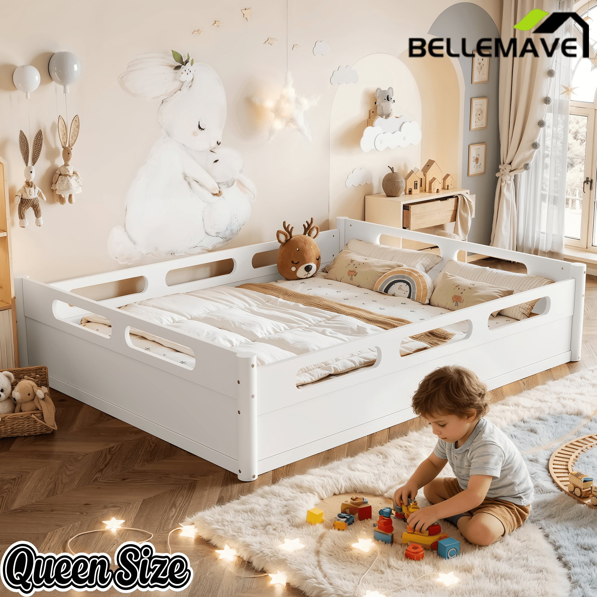 Bellemave® Floor Bed with Full - Length Guardrails, Wood Low Profile Montessori Bed for Bedroom & Nursery, No Box Spring Needed - Bellemave