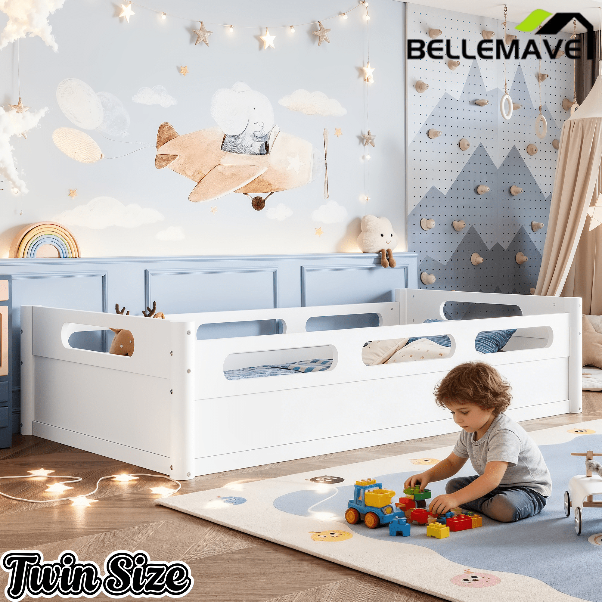 Bellemave® Floor Bed with Full - Length Guardrails, Wood Low Profile Montessori Bed for Bedroom & Nursery, No Box Spring Needed - Bellemave