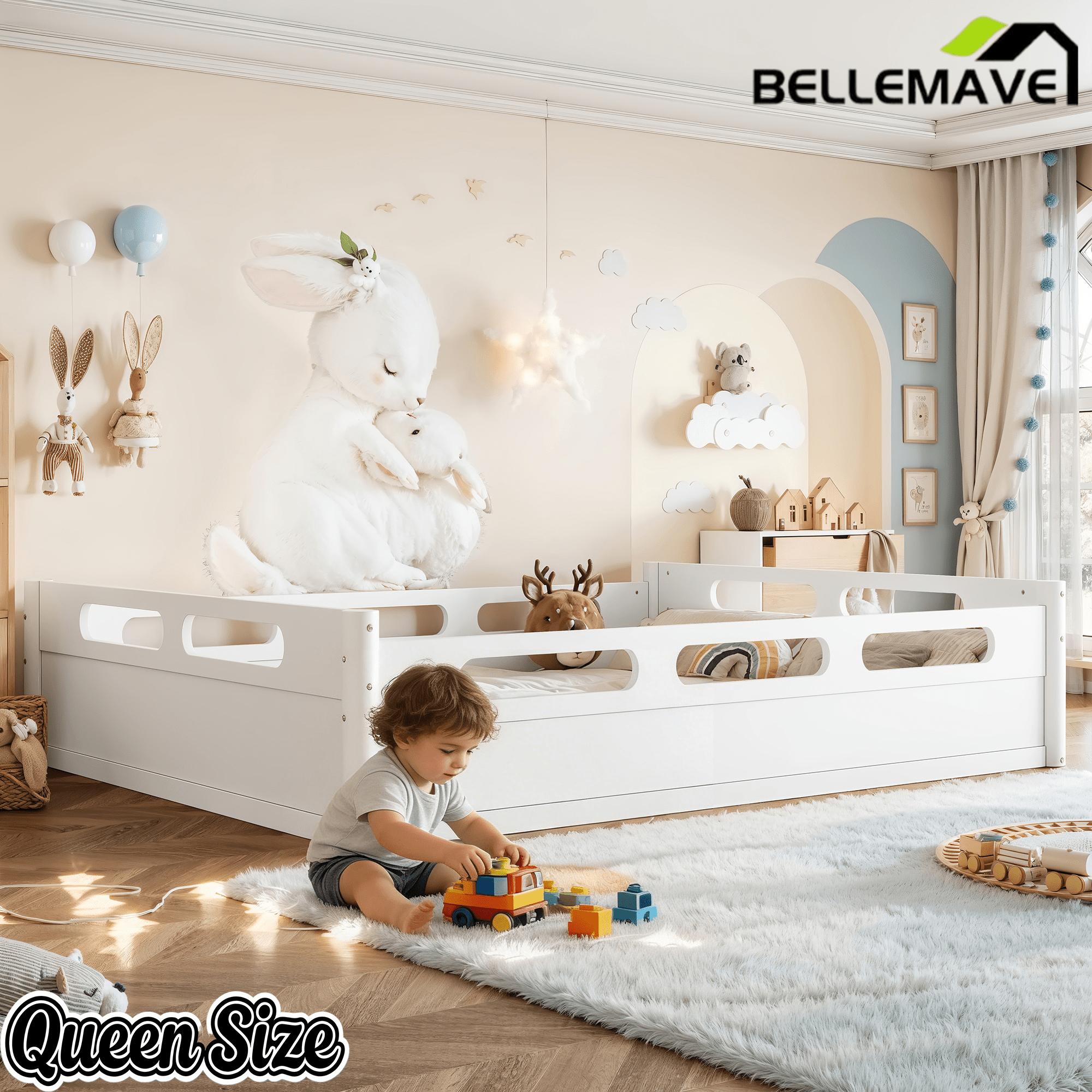 Bellemave® Floor Bed with Full - Length Guardrails, Wood Low Profile Montessori Bed for Bedroom & Nursery, No Box Spring Needed - Bellemave