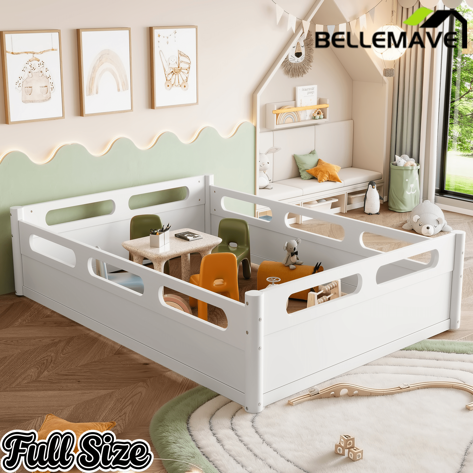 Bellemave® Floor Bed with Full - Length Guardrails, Wood Low Profile Montessori Bed for Bedroom & Nursery, No Box Spring Needed - Bellemave