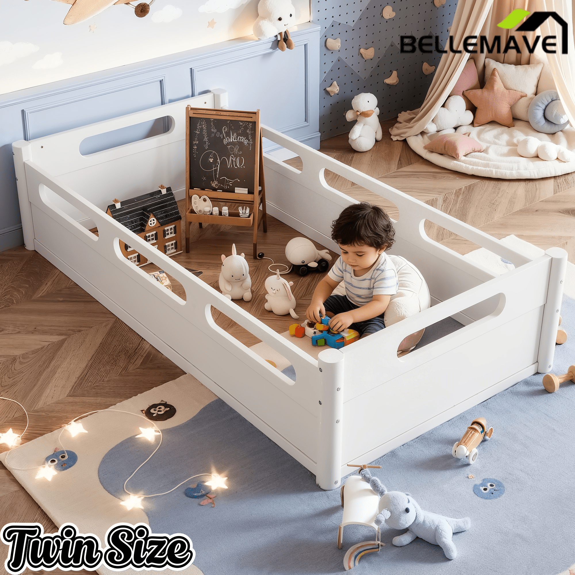 Bellemave® Floor Bed with Full - Length Guardrails, Wood Low Profile Montessori Bed for Bedroom & Nursery, No Box Spring Needed - Bellemave