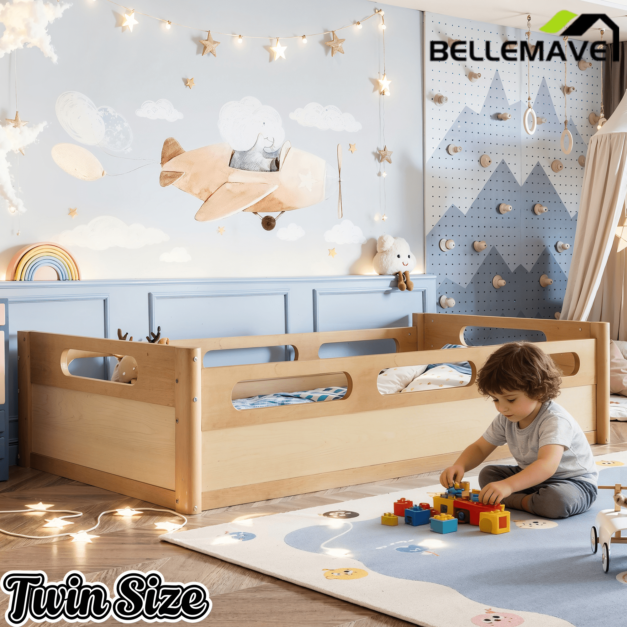 Bellemave® Floor Bed with Full - Length Guardrails, Wood Low Profile Montessori Bed for Bedroom & Nursery, No Box Spring Needed - Bellemave