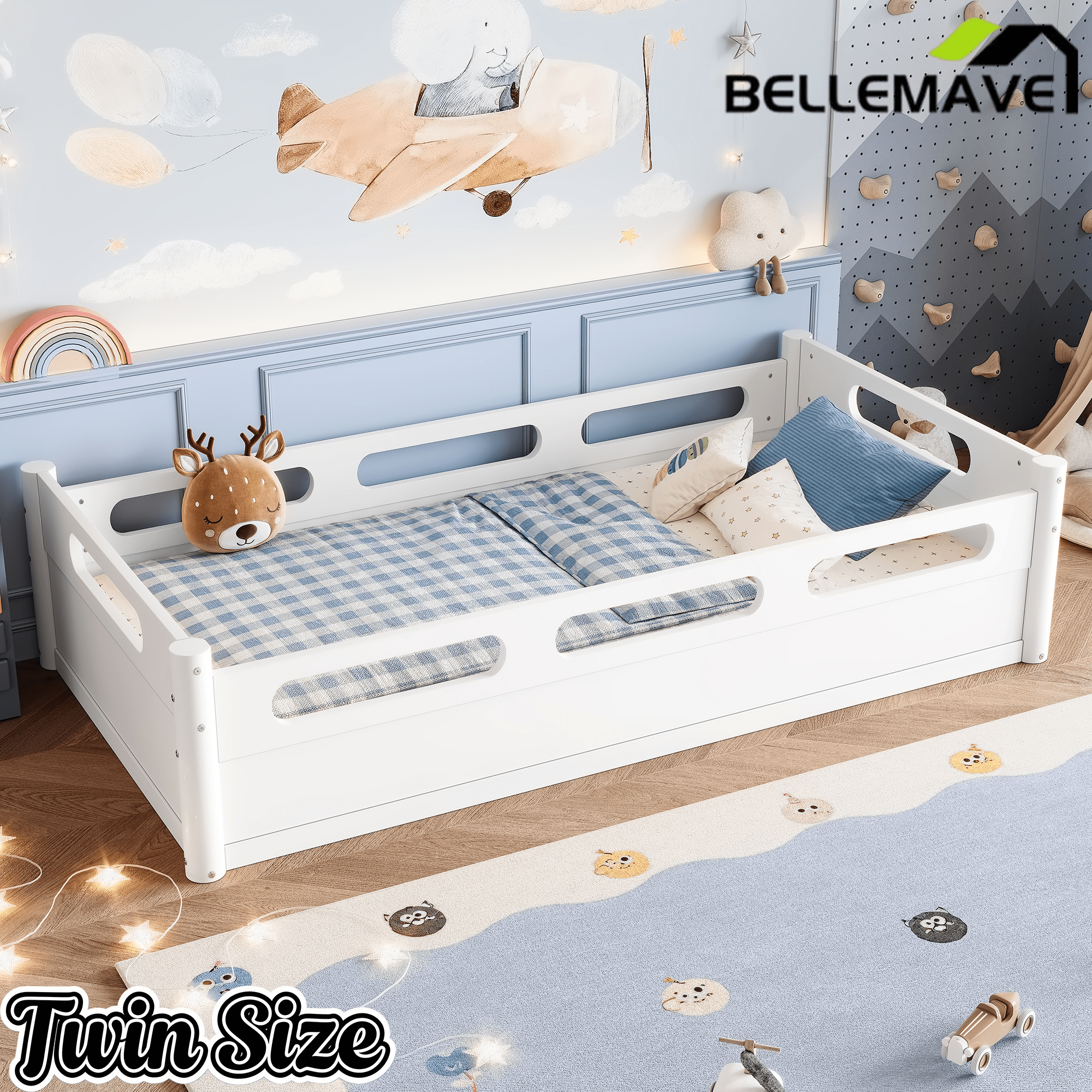 Bellemave® Floor Bed with Full - Length Guardrails, Wood Low Profile Montessori Bed for Bedroom & Nursery, No Box Spring Needed - Bellemave