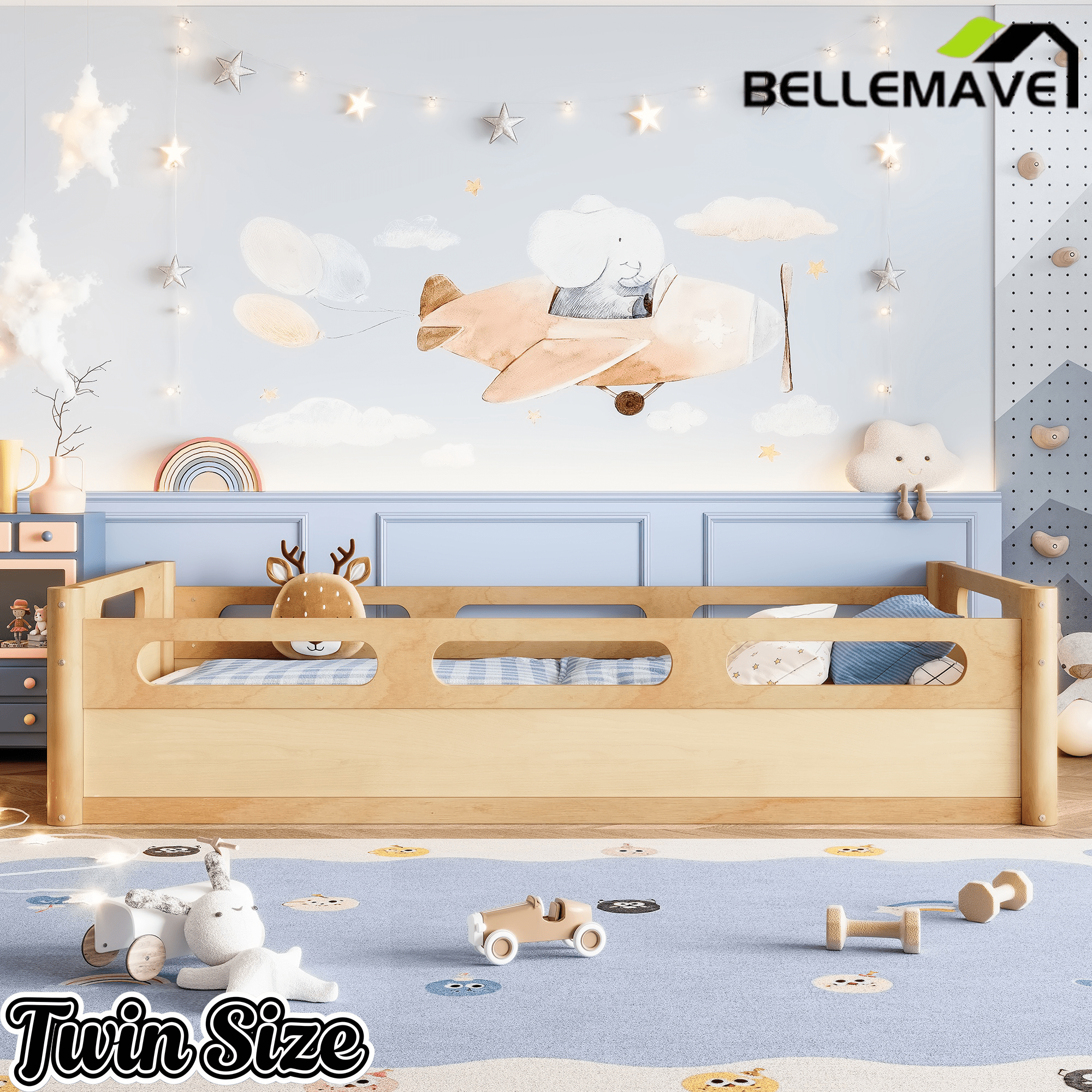 Bellemave® Floor Bed with Full - Length Guardrails, Wood Low Profile Montessori Bed for Bedroom & Nursery, No Box Spring Needed - Bellemave