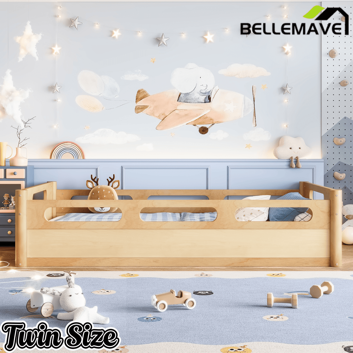 Bellemave® Floor Bed with Full - Length Guardrails, Wood Low Profile Montessori Bed for Bedroom & Nursery, No Box Spring Needed - Bellemave