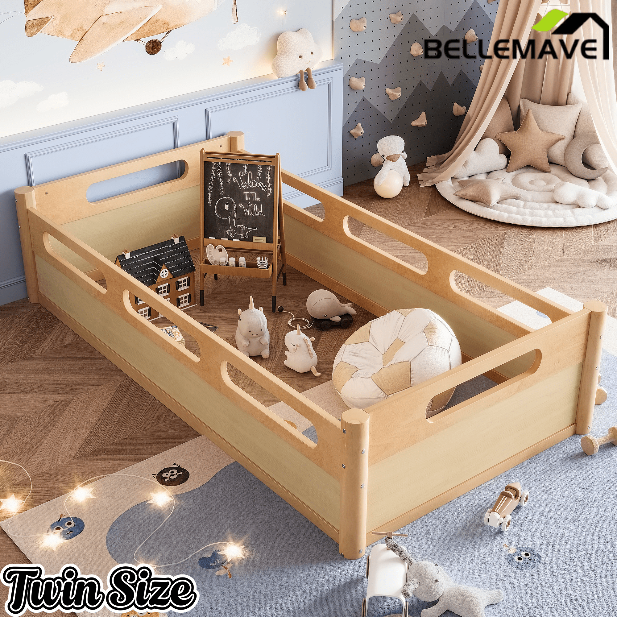Bellemave® Floor Bed with Full - Length Guardrails, Wood Low Profile Montessori Bed for Bedroom & Nursery, No Box Spring Needed - Bellemave
