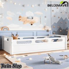 Bellemave® Floor Bed with Full - Length Guardrails, Wood Low Profile Montessori Bed for Bedroom & Nursery, No Box Spring Needed - Bellemave