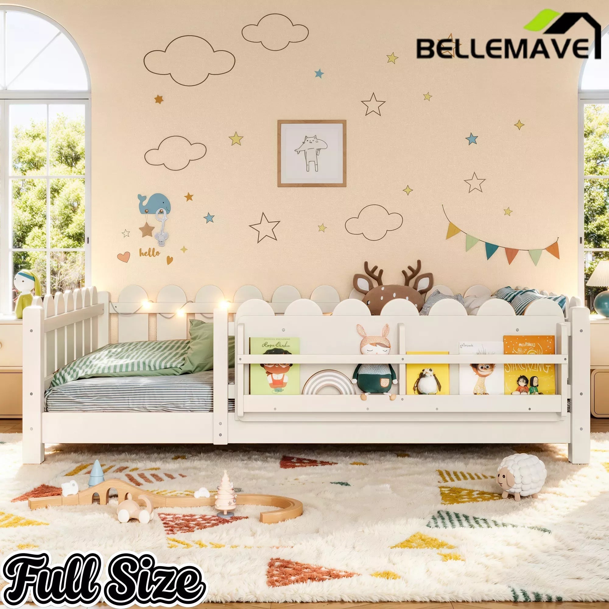 Bellemave® Floor Bed with Rails & Slats, Montessori Floor Bed with Bookshelf, Fence & Lights, Low Profile Montessori Beds Frame for Girls, Boys - Bellemave