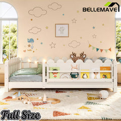 Bellemave® Floor Bed with Rails & Slats, Montessori Floor Bed with Bookshelf, Fence & Lights, Low Profile Montessori Beds Frame for Girls, Boys - Bellemave