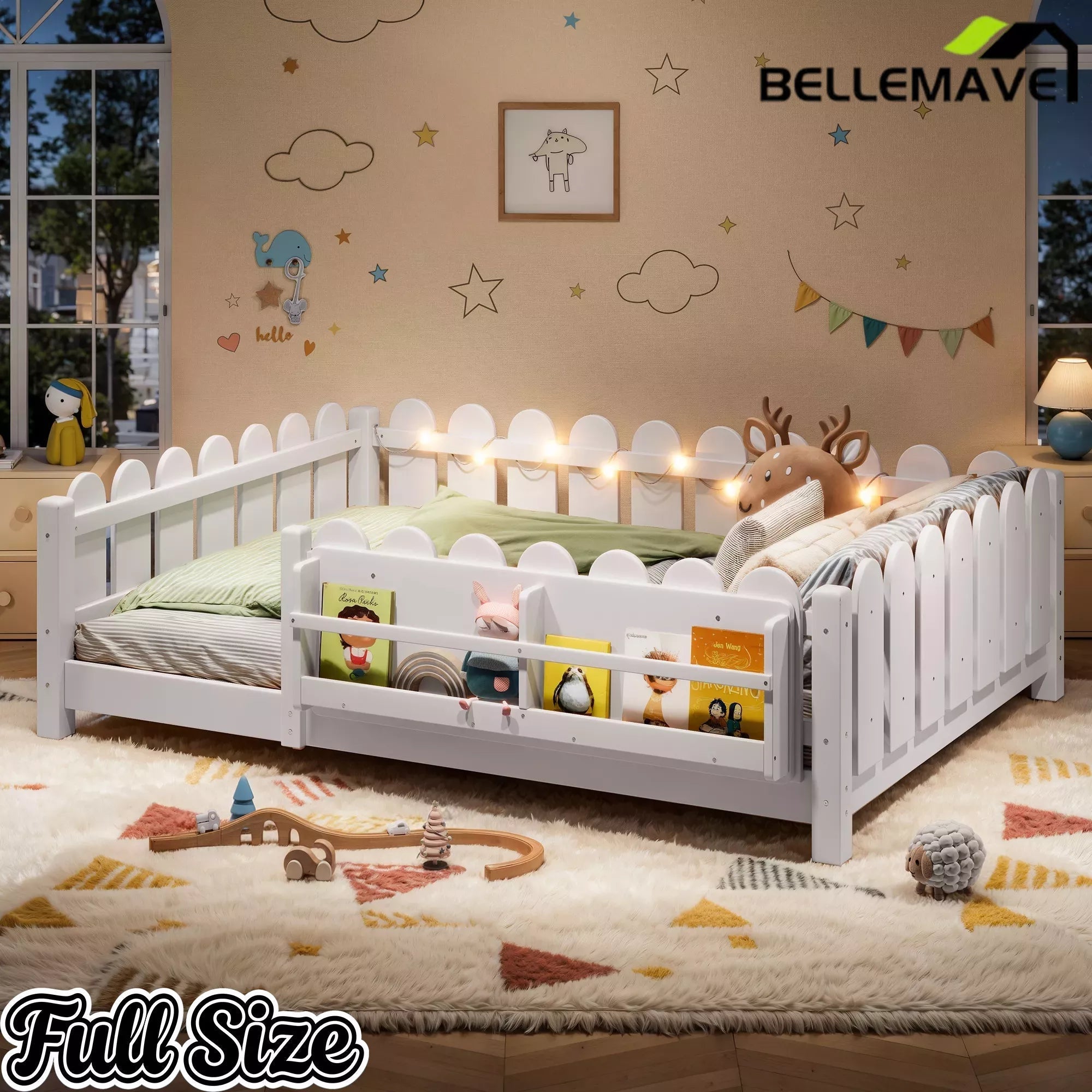 Bellemave® Floor Bed with Rails & Slats, Montessori Floor Bed with Bookshelf, Fence & Lights, Low Profile Montessori Beds Frame for Girls, Boys - Bellemave