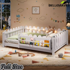 Bellemave® Floor Bed with Rails & Slats, Montessori Floor Bed with Bookshelf, Fence & Lights, Low Profile Montessori Beds Frame for Girls, Boys - Bellemave