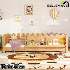 Bellemave® Floor Bed with Rails & Slats, Montessori Floor Bed with Bookshelf, Fence & Lights, Low Profile Montessori Beds Frame for Girls, Boys - Bellemave