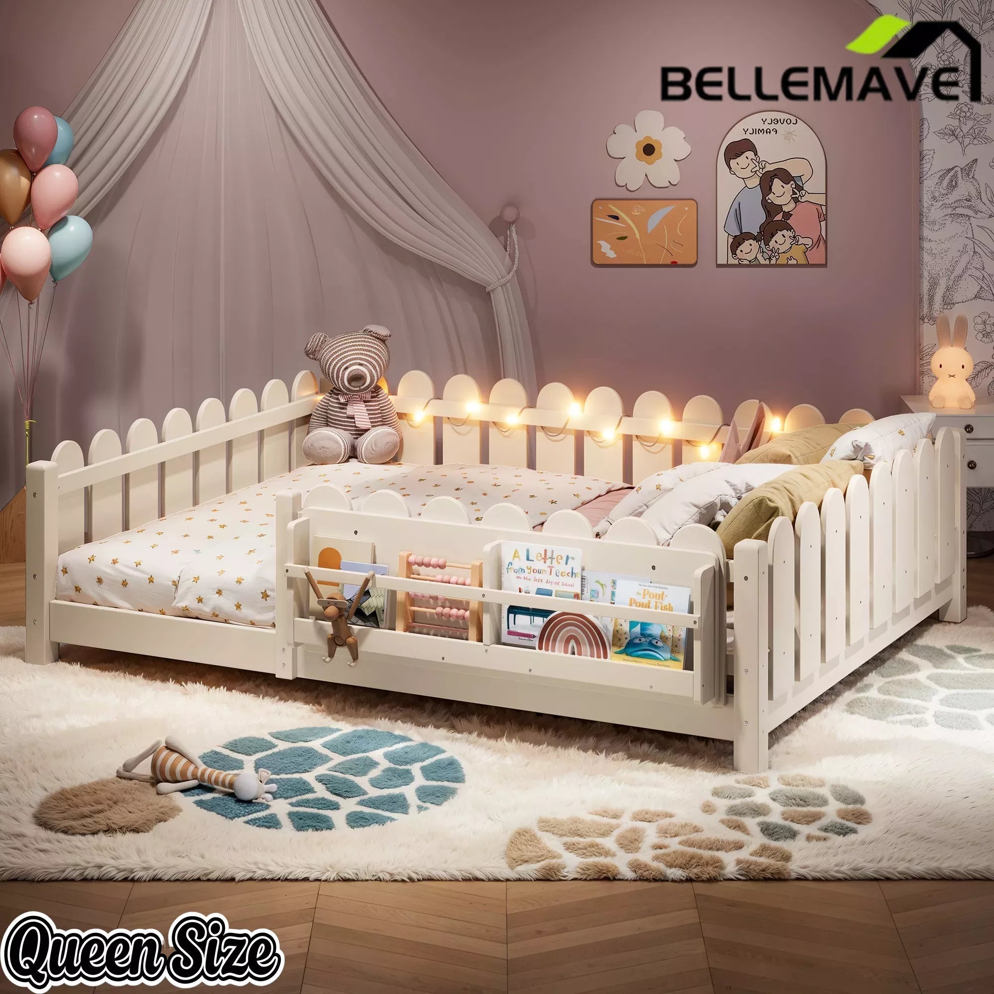 Bellemave® Floor Bed with Rails & Slats, Montessori Floor Bed with Bookshelf, Fence & Lights, Low Profile Montessori Beds Frame for Girls, Boys - Bellemave