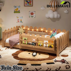 Bellemave® Floor Bed with Rails & Slats, Montessori Floor Bed with Bookshelf, Fence & Lights, Low Profile Montessori Beds Frame for Girls, Boys - Bellemave