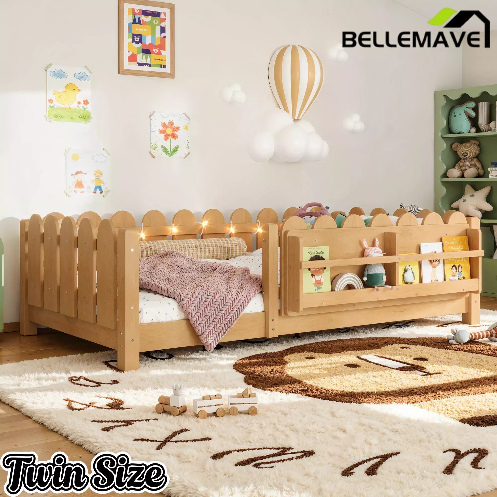 Bellemave® Floor Bed with Rails & Slats, Montessori Floor Bed with Bookshelf, Fence & Lights, Low Profile Montessori Beds Frame for Girls, Boys - Bellemave