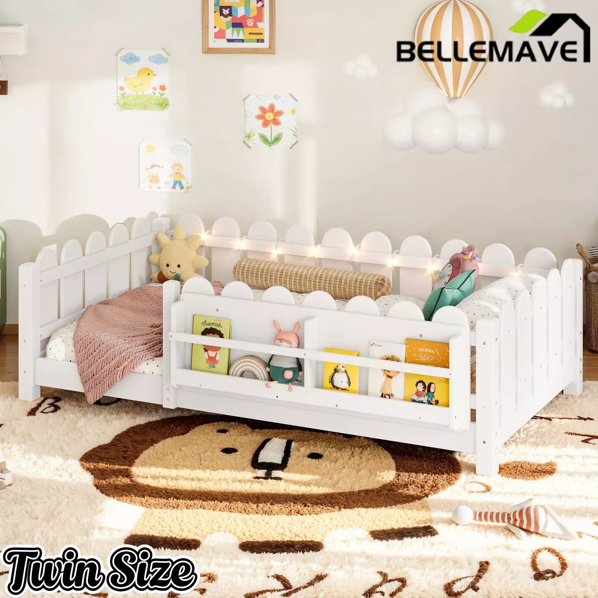 Bellemave® Floor Bed with Rails & Slats, Montessori Floor Bed with Bookshelf, Fence & Lights, Low Profile Montessori Beds Frame for Girls, Boys - Bellemave
