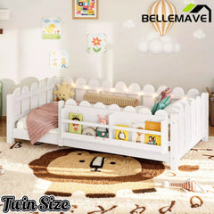 Bellemave® Floor Bed with Rails & Slats, Montessori Floor Bed with Bookshelf, Fence & Lights, Low Profile Montessori Beds Frame for Girls, Boys - Bellemave