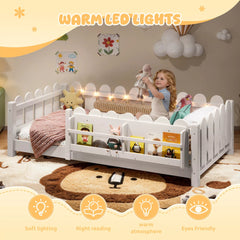 Bellemave® Floor Bed with Rails & Slats, Montessori Floor Bed with Bookshelf, Fence & Lights, Low Profile Montessori Beds Frame for Girls, Boys - Bellemave