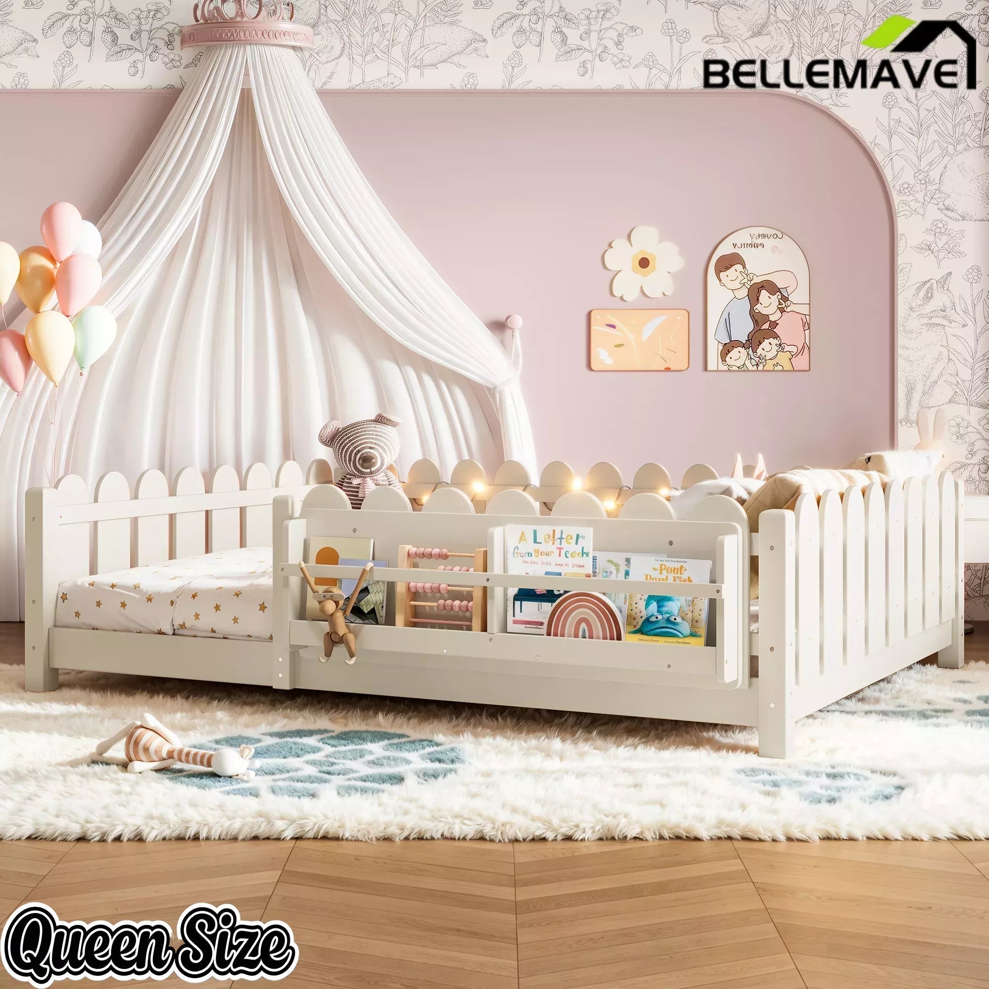 Bellemave® Floor Bed with Rails & Slats, Montessori Floor Bed with Bookshelf, Fence & Lights, Low Profile Montessori Beds Frame for Girls, Boys - Bellemave