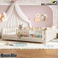 Bellemave® Floor Bed with Rails & Slats, Montessori Floor Bed with Bookshelf, Fence & Lights, Low Profile Montessori Beds Frame for Girls, Boys - Bellemave