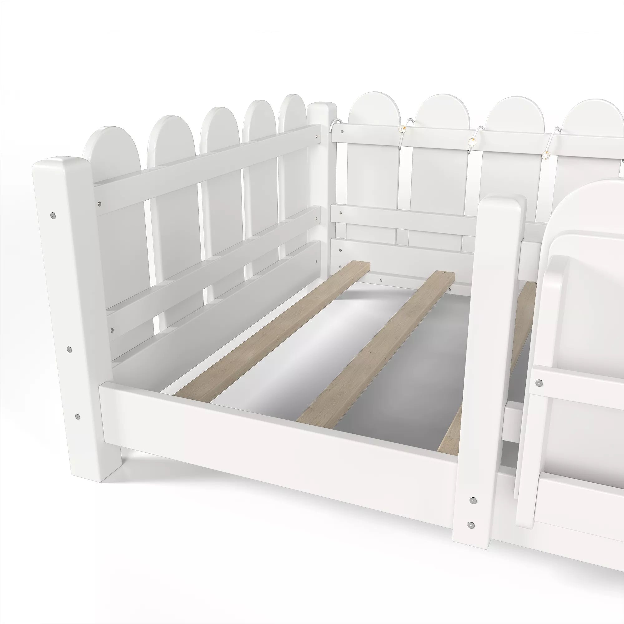 Bellemave® Floor Bed with Rails & Slats, Montessori Floor Bed with Bookshelf, Fence & Lights, Low Profile Montessori Beds Frame for Girls, Boys - Bellemave