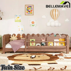 Bellemave® Floor Bed with Rails & Slats, Montessori Floor Bed with Bookshelf, Fence & Lights, Low Profile Montessori Beds Frame for Girls, Boys - Bellemave