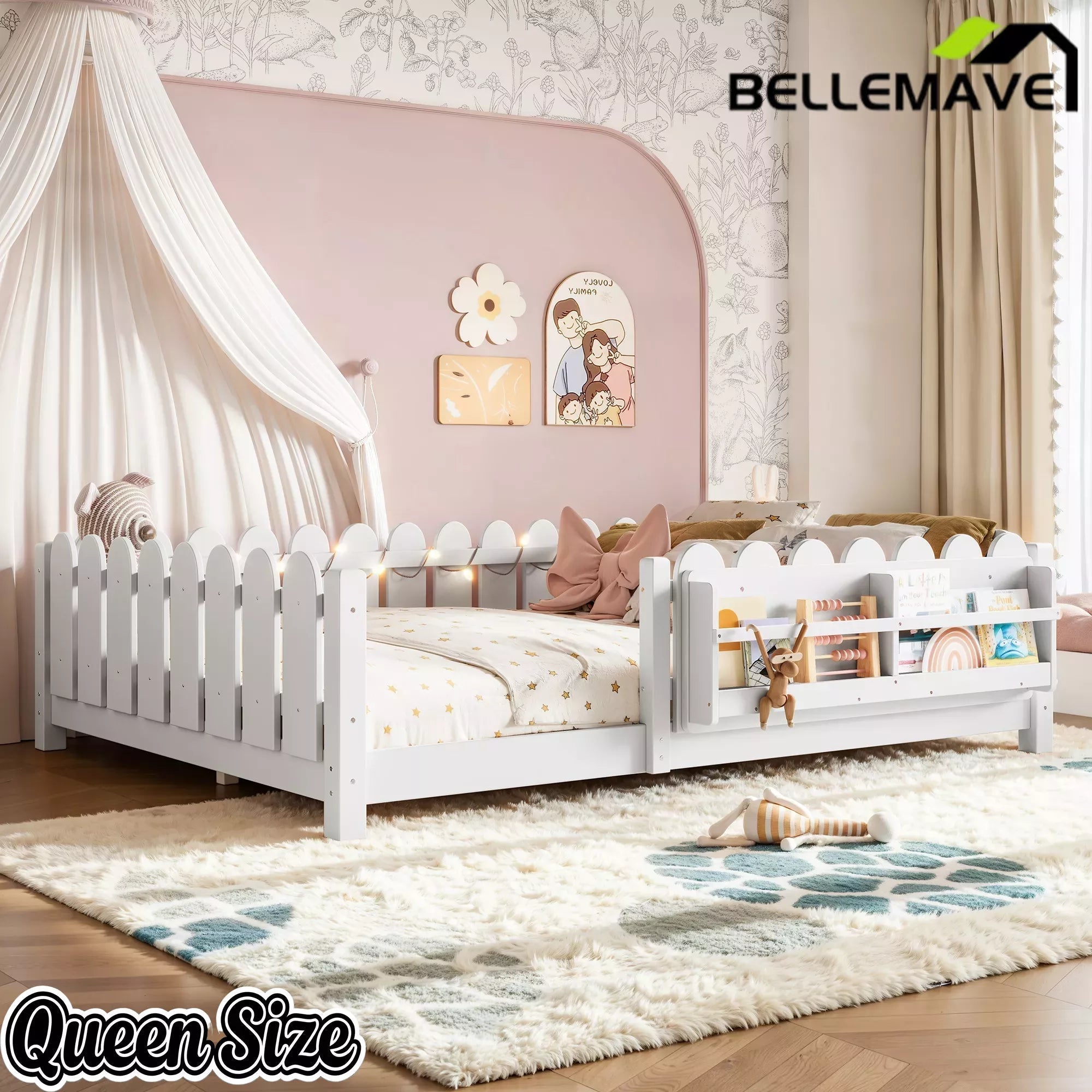 Bellemave® Floor Bed with Rails & Slats, Montessori Floor Bed with Bookshelf, Fence & Lights, Low Profile Montessori Beds Frame for Girls, Boys - Bellemave